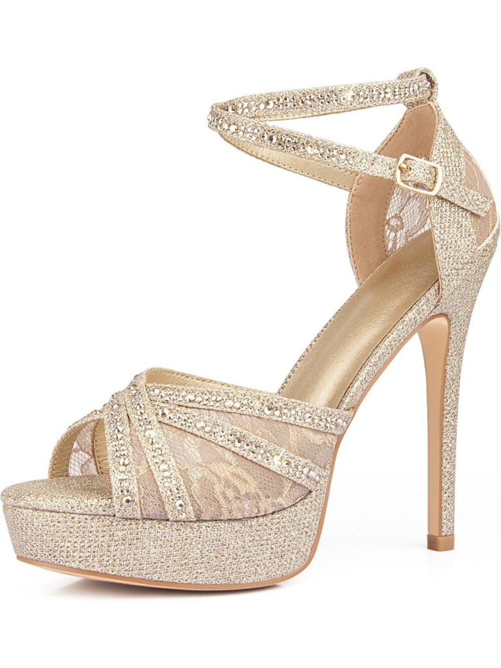 Women's Gold Glitter Peep Toe Platform Sparkly Rhinestone Lace Sandals Heels
